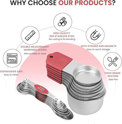 Magnetic Measuring Cups and Spoons Set-Heavy Duty 304 Stainless Steel，Double Measurement Markings，Set of 16 with Leveler for Measure Dry and Liquid Ingredients (Red) - Image 2