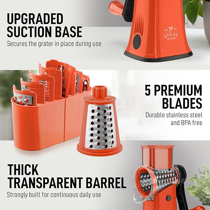 Zulay Kitchen Rotary Cheese Grater 5 Blade Cheese Shredder - Manual Hand Crank Cheese Grater With Reinforced Suction & 5 Interchangeable Drums - Easy to Use, Vegetable Chopper Round Mandoline Slicer - Image 7