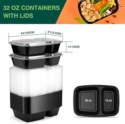 Glotoch Express 300 Pack 32oz Black 2 Compartment Square Meal Prep Containers, Food Storage Containers with Lids for Microwave Dishwasher Freezer Safe - Image 3