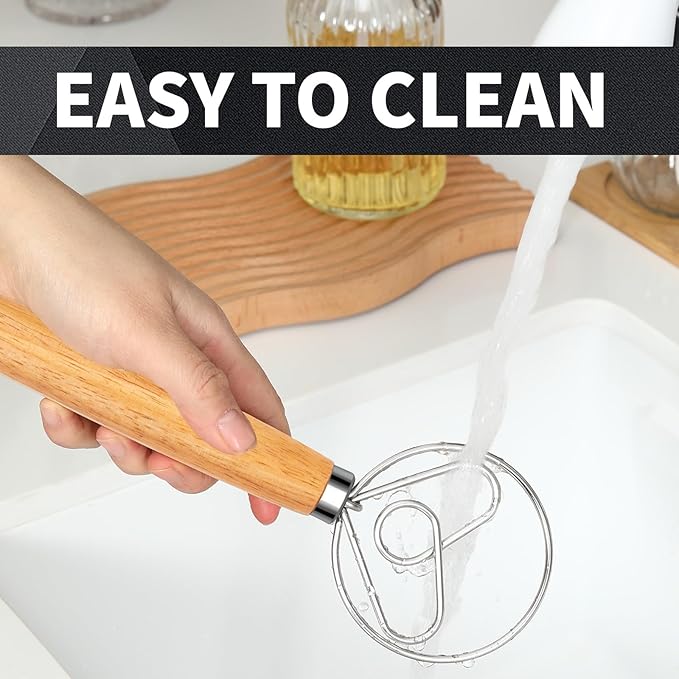 Danish Dough Whisk Stainless Steel Hook Dutch Bread Mixer for Sourdough Baking Hand Tool with Wooden Handle Making Blending Pastry Pizza Dough - Image 4