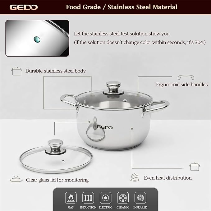 GEDO Stainless Steel Stock Pot with Glass Lid, 304 Grade Premium Soup Pot, Silver, Double Handle, for Kitchen Cooking (8.64in/22cm size) - Image 4