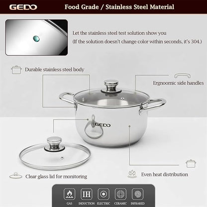 GEDO Stainless Steel Stock Pot with Glass Lid, 304 Grade Premium Soup Pot, Silver, Double Handle, for Kitchen Cooking (7.86in/20cm size) - Image 4
