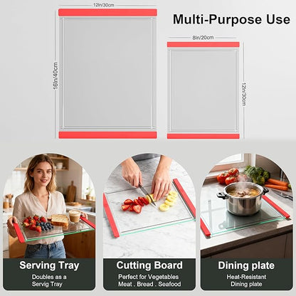 Tempered Glass Cutting Board Set for Kitchen Counter - Dishwasher Safe with Juice Grooves, Non-Slip Silicone Edges & Beveled Grip - 16"x12" & 12"x8" Serving Tray (Red-2PCS)