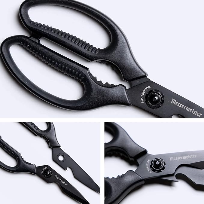 Messermeister 9-Inch Push Button Take-Apart Shears - High-Carbon Stainless Steel & Soft-Grip Handles - Includes Nut Cracker & Bottle Opener - Image 4