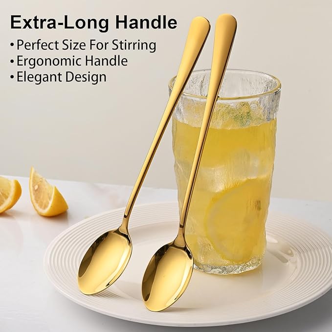 7.5 Inch Gold Iced Tea Spoons,Set Of 8 Stainless Steel Long Coffee Spoons,Long Handle Stirring Spoon For Dessert,Coctails,Ice Cream,Milk,Iced Teaspoons For Bar - Image 4