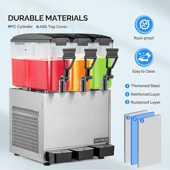 ROVSUN Commercial Beverage Dispenser 7.8 Gal/30L, Commercial Juice Dispenser Cold Drink Dispenser 10L X 3 Tanks Stainless Steel with Thermostat Controller for Home Restaurant Bar Party 110V/60HZ - Image 3