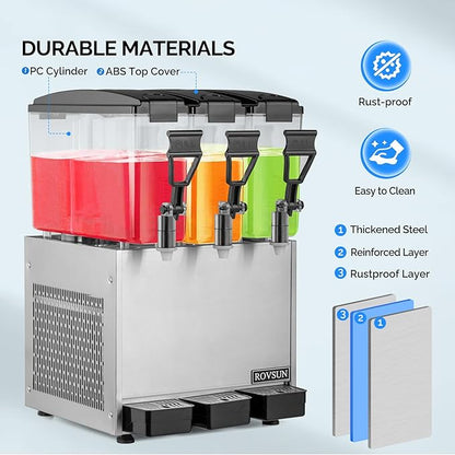 ROVSUN Commercial Beverage Dispenser 7.8 Gal/30L, Commercial Juice Dispenser Cold Drink Dispenser 10L X 3 Tanks Stainless Steel with Thermostat Controller for Home Restaurant Bar Party 110V/60HZ - Image 3