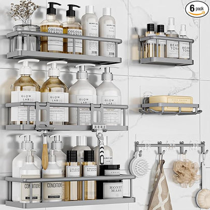 YASONIC Shower Caddy, 6 Pack Large Capacity shower Organizer with Soap Holder and 12 Hooks, Rustproof Shower Shelves for Inside Shower, No Drilling&Sleek Bathroom Organizers and Storage Grey by YASONIC