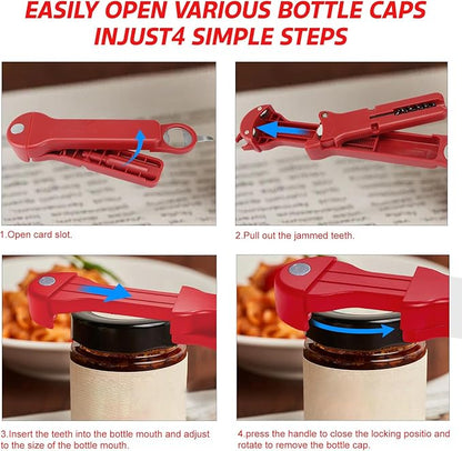 7 in 1 Jar Opener Bottle Opener and Wine Opener for Seniors with Arthritis, Weak Hands, Multi Retractable Magnetic Can Opener, Original Kitchen Lid Opener Tool (Red)