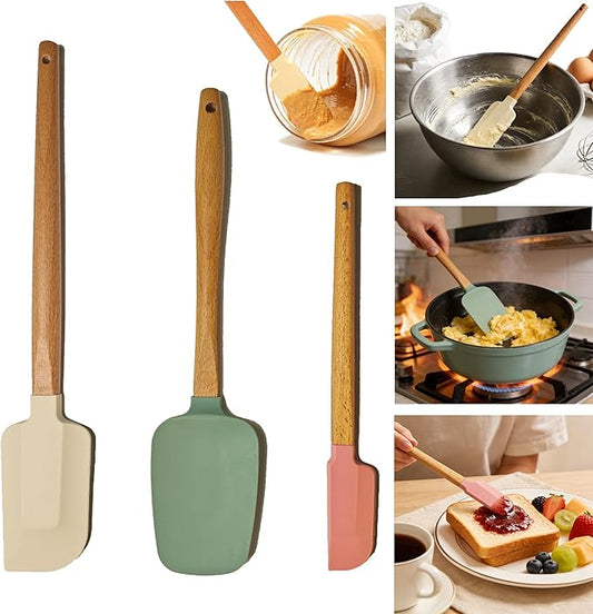 3PCS Silicone Spatula Wooden Handle Set, Heat Resistant Silicone Spatula, Spatulas Silicone Heat Resistant Wood, Rubber Spatula for Baking Non-Stick Cooking Mixing, Beige & Green & Pink