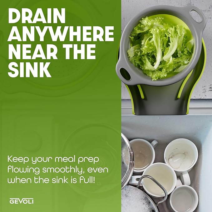 Gevoli 3-Pack Collapsible Colanders with Self-Draining Base, Over Sink-edge Silicone Food Strainers, Small/Med/Large Sizes, Nesting for Easy Compact Storage (3Qt, 4Qt, 5-Quart Set) Green/Gray - Image 5