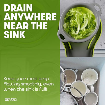 Gevoli 3-Pack Collapsible Colanders with Self-Draining Base, Over Sink-edge Silicone Food Strainers, Small/Med/Large Sizes, Nesting for Easy Compact Storage (3Qt, 4Qt, 5-Quart Set) Green/Gray - Image 5
