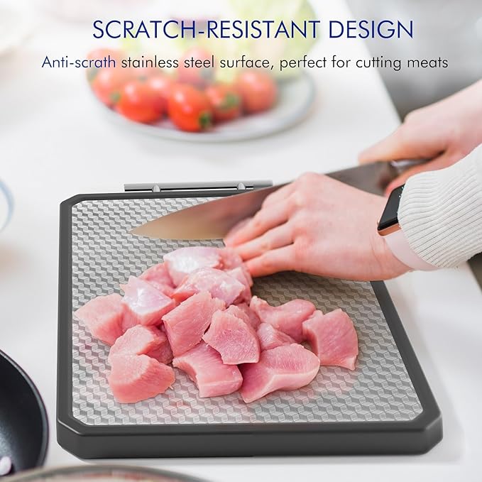 Stainless Steel Cutting Board, Scratch-resistant Cutting Board for Kitchen, 16 * 11 inch Double Sided Chopping Board, 304 Stainless Steel and Food-Grade Wheat Straw PP, Dishwasher Safe - Image 3