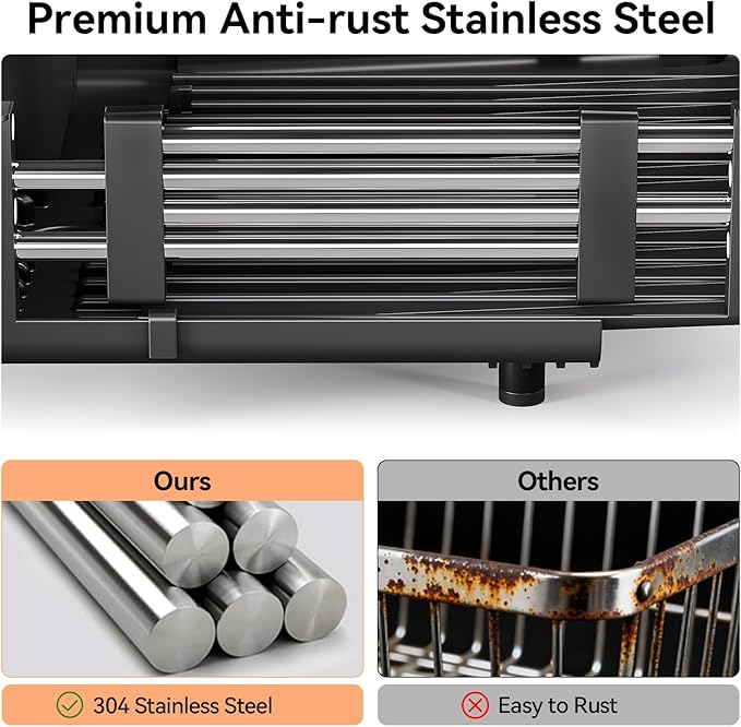 Urackify Stainless Steel Dish Drying Rack - Dish Drainer for Kitchen Counter, Extendable Drainboard with Foldable, Space-Saving Cup & Bowl Organizer, Includes Knife and Utensil Holder, Black - Image 8
