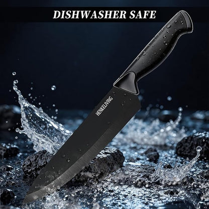 Knife Set, 14-Piece Kitchen Knives Set with Block, Built-in Sharpener, German High Carbon Stainless Steel, Ergonomic Non-Slip Handles, Black - Image 7