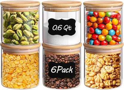 ComSaf Airtight Glass Food Storage Jars Set of 6, 0.6 Qt Clear Glass Food Storage Container with Sealing Wooden Lid, Stackable Spice Jar, Round Kitchen Canister for Sugar, Tea, Coffee bean, Pasta, Oat by ComSaf