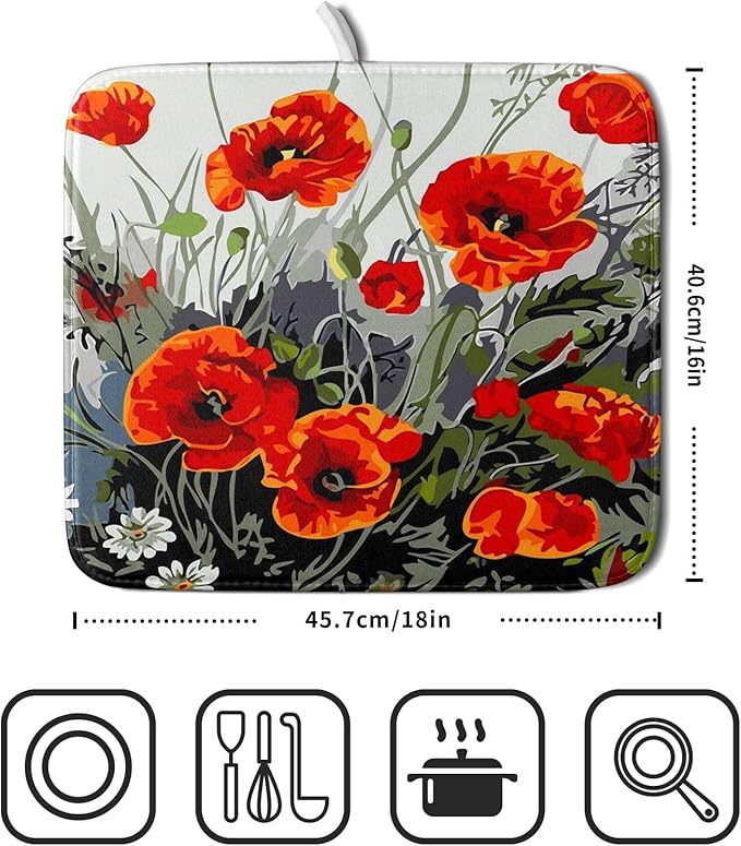 Giwawa Poppy Dish Drying Mat 16x18 inch for Kitchen Vintage Red Orange Floral Dish Drying Pad Oil Painting Flower Dish Drainer Mats Absorbent Microfiber Protector for Countertop Coffee Bar