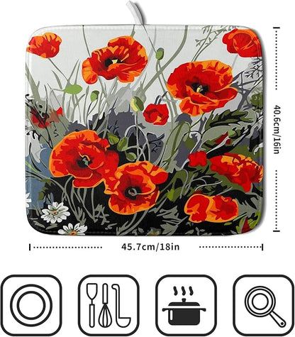 Giwawa Poppy Dish Drying Mat 16x18 inch for Kitchen Vintage Red Orange Floral Dish Drying Pad Oil Painting Flower Dish Drainer Mats Absorbent Microfiber Protector for Countertop Coffee Bar
