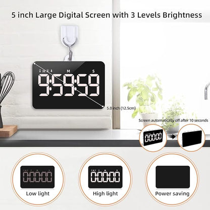 Rechargeable Digital Kitchen Timer for Cooking, Magnetic Timers with Countdown/up, Kids Timer with 5”LED Display 3 Brightness 4 Volume Adjustable for Classroom/Office/Home/Work/Study/Fitness/Game - Image 3