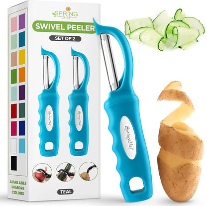Spring Chef Stainless Steel Swivel Potato Peelers for Kitchen, Dishwasher Safe Veggie Peeler for Kitchen with Soft Grip Handle & Sharp Blades, Great for Vegetable, Apple, Carrot - Set of 2 - Teal by SpringChef