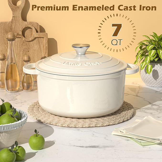 Umite Chef Enameled Cast Iron Dutch Oven-7QT Pot with Lid Cookbook & Cotton, Heavy-Duty Cookware for for Bread Baking, Braising, Stews, Marinate, Cook(Cream White) - Image 5