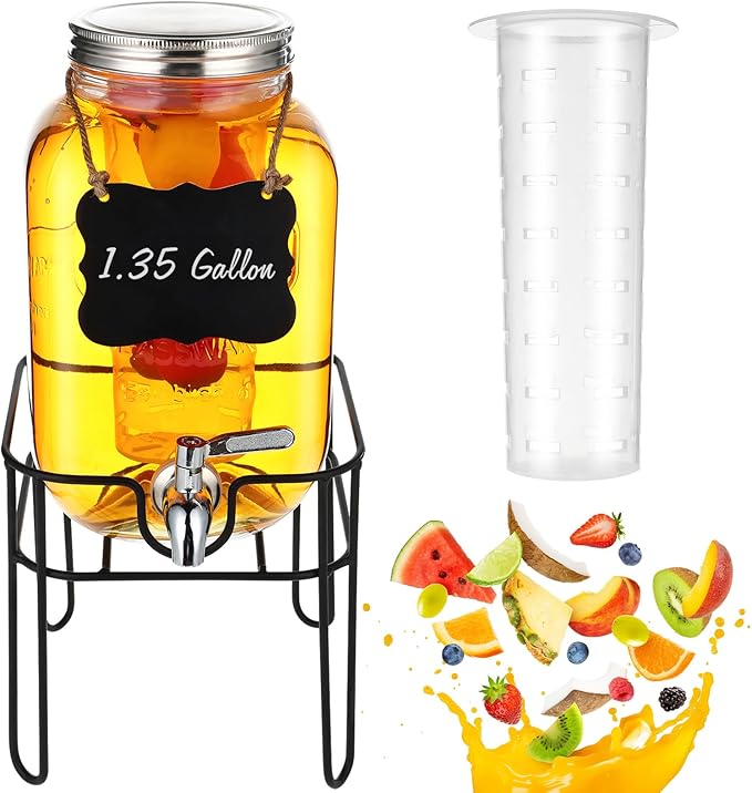 Drink Dispenser 1.35 Gallon Glass Beverage Dispenser with Stand & Stainless Steel Spigot, Drink Dispensers for Parties with Fruit Infuser for Lemonade, Iced Tea, Juice, Laundry Detergent by FUREEY