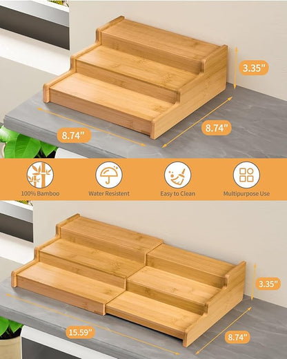 VenDotbi Spice Rack, 3-Tier Expandable Bamboo Spice Rack Organizer for Cabinet, Kitchen, Pantry and Cupboard Storage Organizer(2pack) - Image 4
