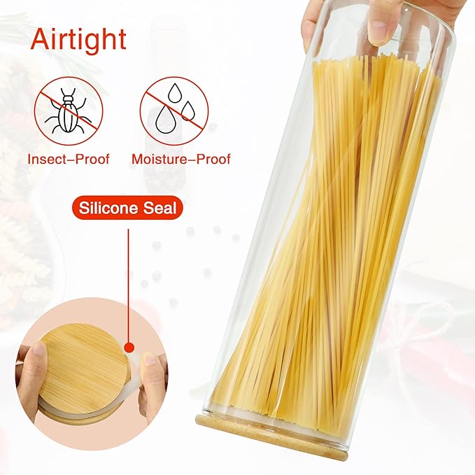 BGraceyy Glass Jars with Bamboo Lids, 72oz 3Pcs Kitchen Glass Containers with Bamboo Lids, Airtight Glass Pantry Storage Containers with Lids for Spaghetti, Pasta, Rice, Nuts, Flour, Bean, Dry Foods - Image 4
