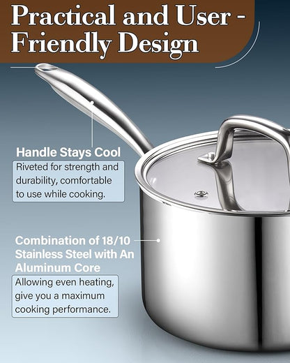 Cook N Home Stainless Steel Sauce Pan with Lid, 1.5 Quart Tri-Ply Full Clad Small Kitchen Pot, Dishwasher & Oven Safe, Induction Compatible Cookware - Image 7