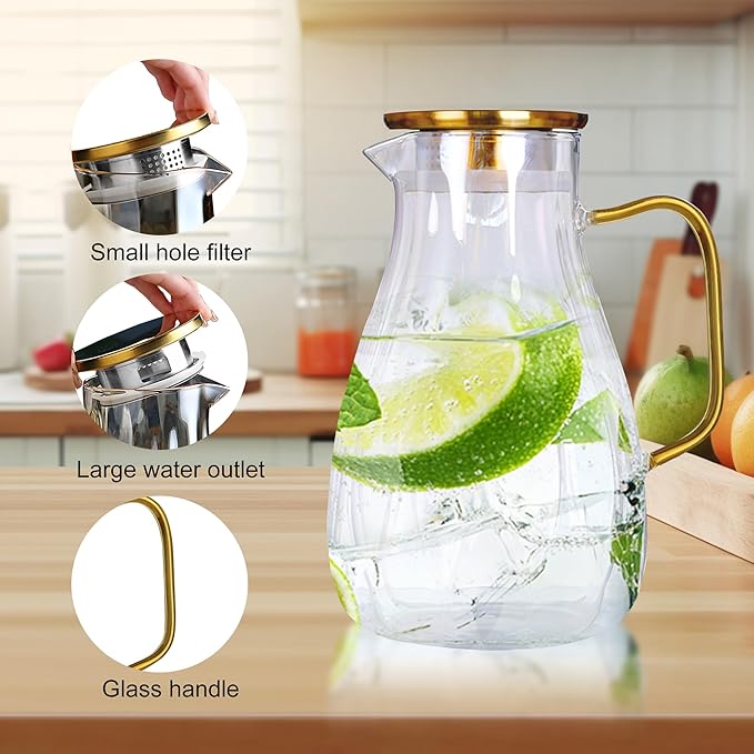 68 oz Glass Pitcher with Lid Water Pitcher with Handle and Spout Heat Resistant Water Carafes Jug Cold Brew Iced Tea Sun Tea Jar Bedside Drink Dispenser Milk(clear) - Image 3