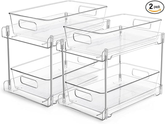 Vtopmart 2 Tier Bathroom Storage Organizer, 2 Pack Clear Under Sink Organizers Vanity Counter Container, Cabinet Drawers Bins, Pull-Out Organization with Track for Pantry, Kitchen by Vtopmart