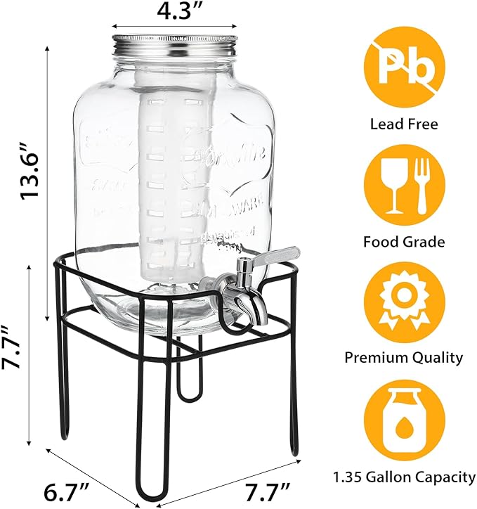 Drink Dispenser 1.35 Gallon Glass Beverage Dispenser with Stand & Stainless Steel Spigot, Drink Dispensers for Parties with Fruit Infuser for Lemonade, Iced Tea, Juice, Laundry Detergent - Image 2