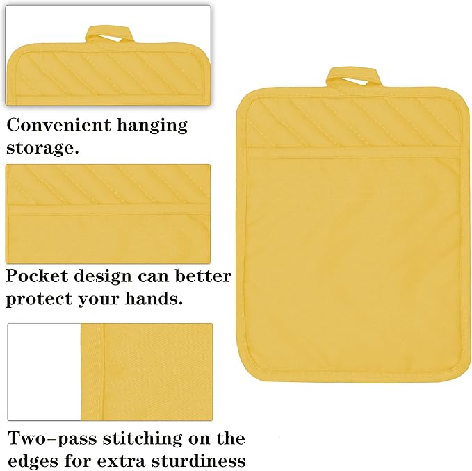 Oven Pot Holder with Pocket Cotton Heat Resistant Coaster Potholder Kitchen Hot Pad Oven Mitts for Cooking Square 7"x9"Set of 5 (Yellow) - Image 2