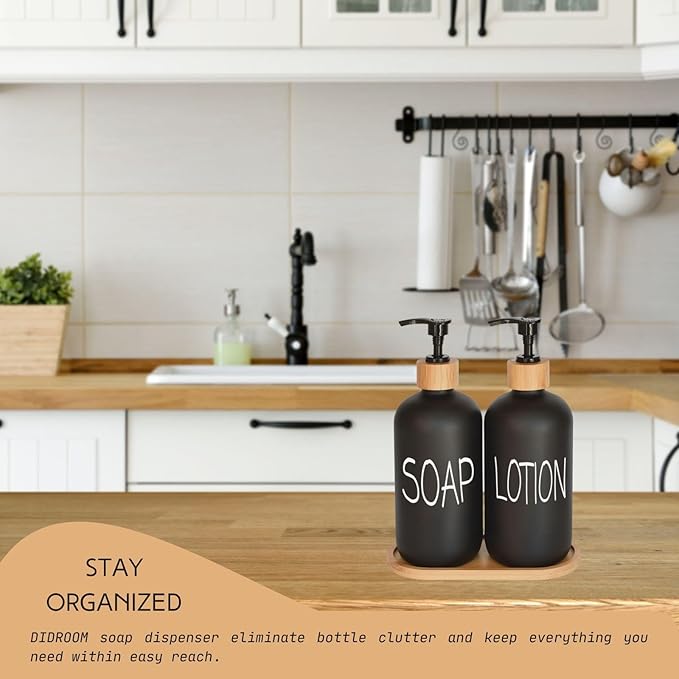 Black Soap Dispenser Bathroom Set, Set with Glass Dispenser, Bamboo Pumps & Tray. Hand and Lotion Suitable for Farmhouse Decor - Image 3