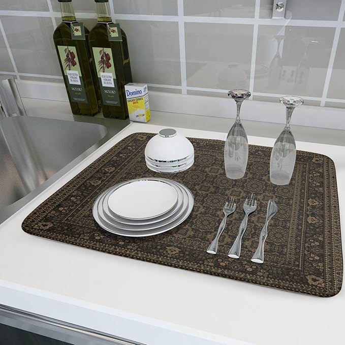 Brown Antique Tabriz Rug Dish Drying Mat for Kitchen Counter,Retro Turkish Vintage Floral Block Print Drying Mat 18 x 24 Inch with Absorbent Reversible Microfiber Drying Pad for Coffee Bar - Image 6