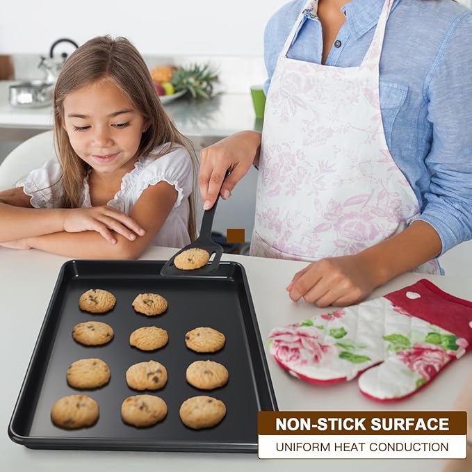 Baking Sheet Pan Set of 3, Commercial Cookie Sheets for Baking, Nonstick Half/Quarter/Jelly Roll Pans Replacement Toaster Oven Tray, Heavy Duty & Easy Clean, Dark Black - Image 2