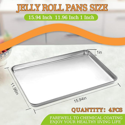 CEKEE Baking Sheet Set of 4, Stainless Steel Cookie Sheet & Baking Pan Tray, Toaster Oven Tray, Baking Pan Set, Rectangle Size 16 x 12 x 1 inch, Non Toxic, Mirror Finish & Rust Free, Dishwasher Safe - Image 7