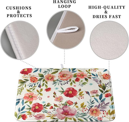 Floral Dish Drying Mat for Kitchen Counter Absorbent Microfiber Dishes Drying Pad Cute Flowers Dish Drainer Rack Mats Washable Coffee Sink Mat 16x18 Inch - Image 3