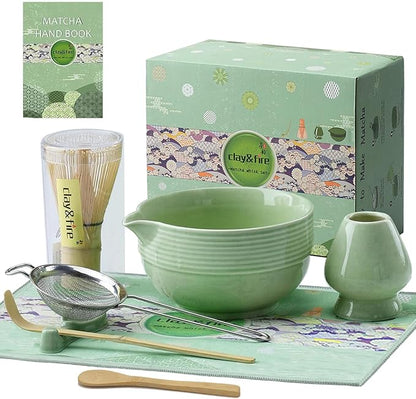 Clay&Fire Matcha Whisk Set, Ceramic Matcha Set, Matcha Bowl with Spout and Whisk, 9 pcs Matcha Tea Kit for Matcha Lovers, Ideal Gift Christmas, Birthday (Green) by FocusonMatchaWhiskSet