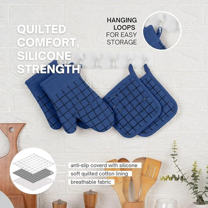Oven Mitts and Pot Holders Set for Kitchen | 4 Pc Set| Heat Resistant Up to 500°F | Non-Slip Silicone Strips | Blue Kitchen Accessories | Includes 2 Hot Pads & 2 Cooking Mitts