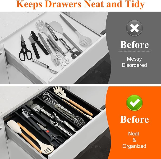 Expandable Large Kitchen Utensil Drawer Organizer Storage Black Bamboo Silverware Organizers Tray Divider Adjustable Spoon Flatware Organizer Wood Cutlery Tray Cooking Utensils Tool Holder Drawer - Image 7