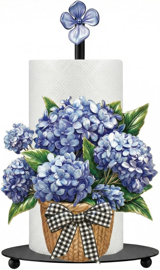 Thyle Blue Hydrangea Paper Towel Holder Summer Hydrangea Kitchen Decor Metal Flowers Paper Towel Holder Stand with Round Base for Summer Kitchen Bathroom Countertop Toilet Accessories