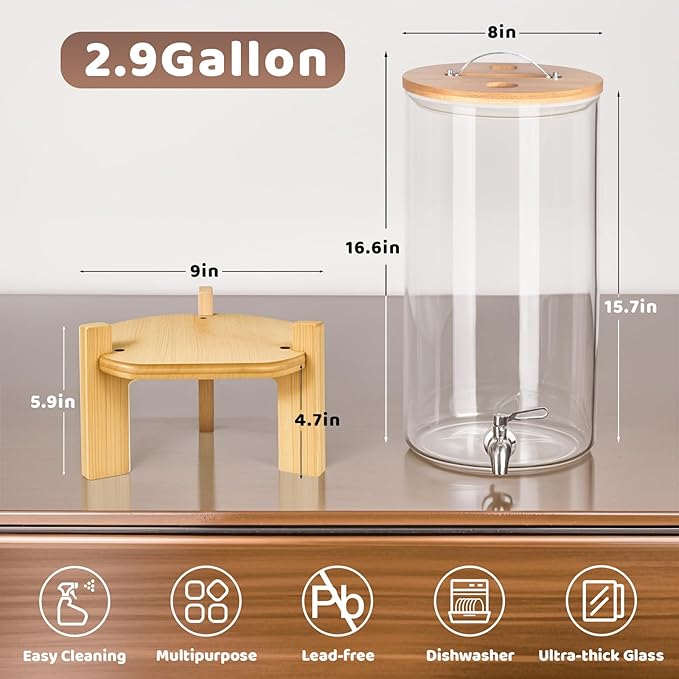 Beverage Dispenser 2.9 Gallon, Glass Drink Dispenser with Stand, Drink Dispensers for Parties, Beverage Dispenser with Wood Stand, Stainless Steel Spigot, for Parties,Bars,Restaurants (2.9 Gallons)