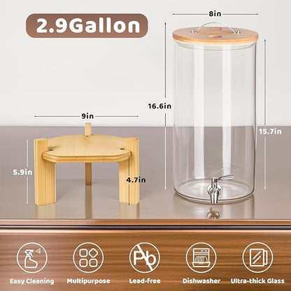 Beverage Dispenser 2.9 Gallon, Glass Drink Dispenser with Stand, Drink Dispensers for Parties, Beverage Dispenser with Wood Stand, Stainless Steel Spigot, for Parties,Bars,Restaurants (2.9 Gallons)