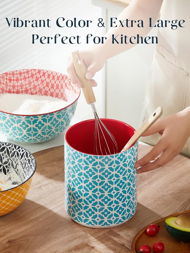 DOWAN Colorful Large Utensil Holder, 7.2" x 6.2" Ceramic Kitchen Utensil Holder for Countertop, Vibrant Patterned Utensil Crock with Protection Cork Mat, Utensil Caddy for Housewarming & Wedding Gift - Image 2