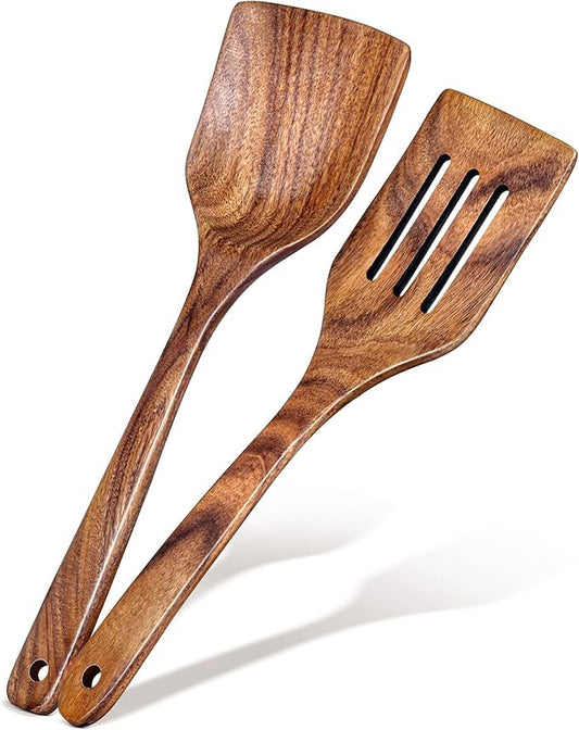 2Pcs Wooden Spatula, Acacia Solid & Slotted Turner Spatula Set, Long Handle Flat Frying Spatulas, Ideal Kitchen Gift for Mother and Grandma, Kitchen Utensils Set for Cooking, Frying, Baking by Unknown
