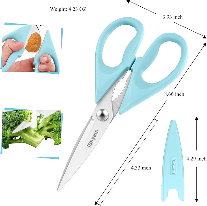Kitchen Shears, iBayam Kitchen Scissors All Purpose Heavy Duty Meat Scissors Poultry Shears, Dishwasher Safe Food Cooking Scissor Stainless Steel Utility Scissor, 2-Pack, Light Blue, Pistachio - Image 3