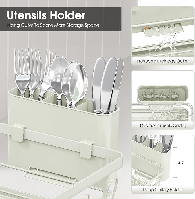 Urackify Dish Drying Rack for Kitchen Counter, Sink Dish Rack with Drainboard, Large Dish Drainer with Cups Holder, Home Countertop Plate Dryer Storage Rack with Cutlery Holder, Soft Celery Green - Image 8