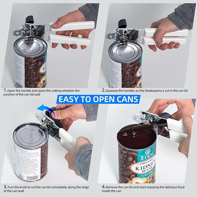 Can Opener Manual, Can Openers Hand Held with Comfort Anti-Slip Handles, Heavy Duty Stainless Steel Can Opener Smooth Edge and Bottle Openers, Easy Turn Can Openers for Seniors, Kitchen, White - Image 3