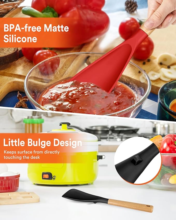 Cooking Spoon for Nonstick Cookwares, Great for Cooking and Serving Sturdy BPA-Free Matte Silicone, Wood Handle Spoon for Mixing, Scoop, and Scrape (Black & Red, 13.4 inch) - Image 5